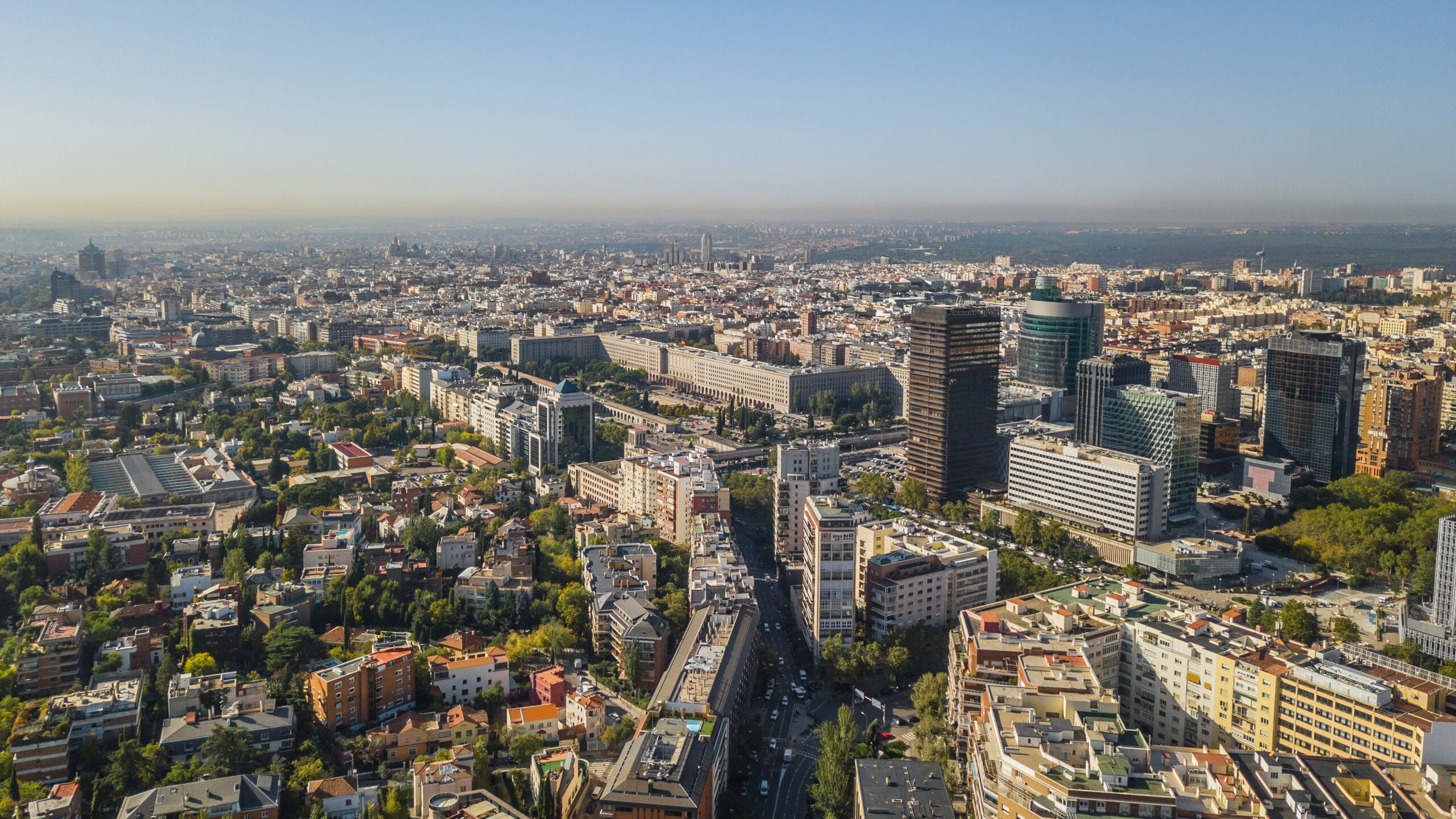 Cityscape of Madrid on a sunny day. Aerial view