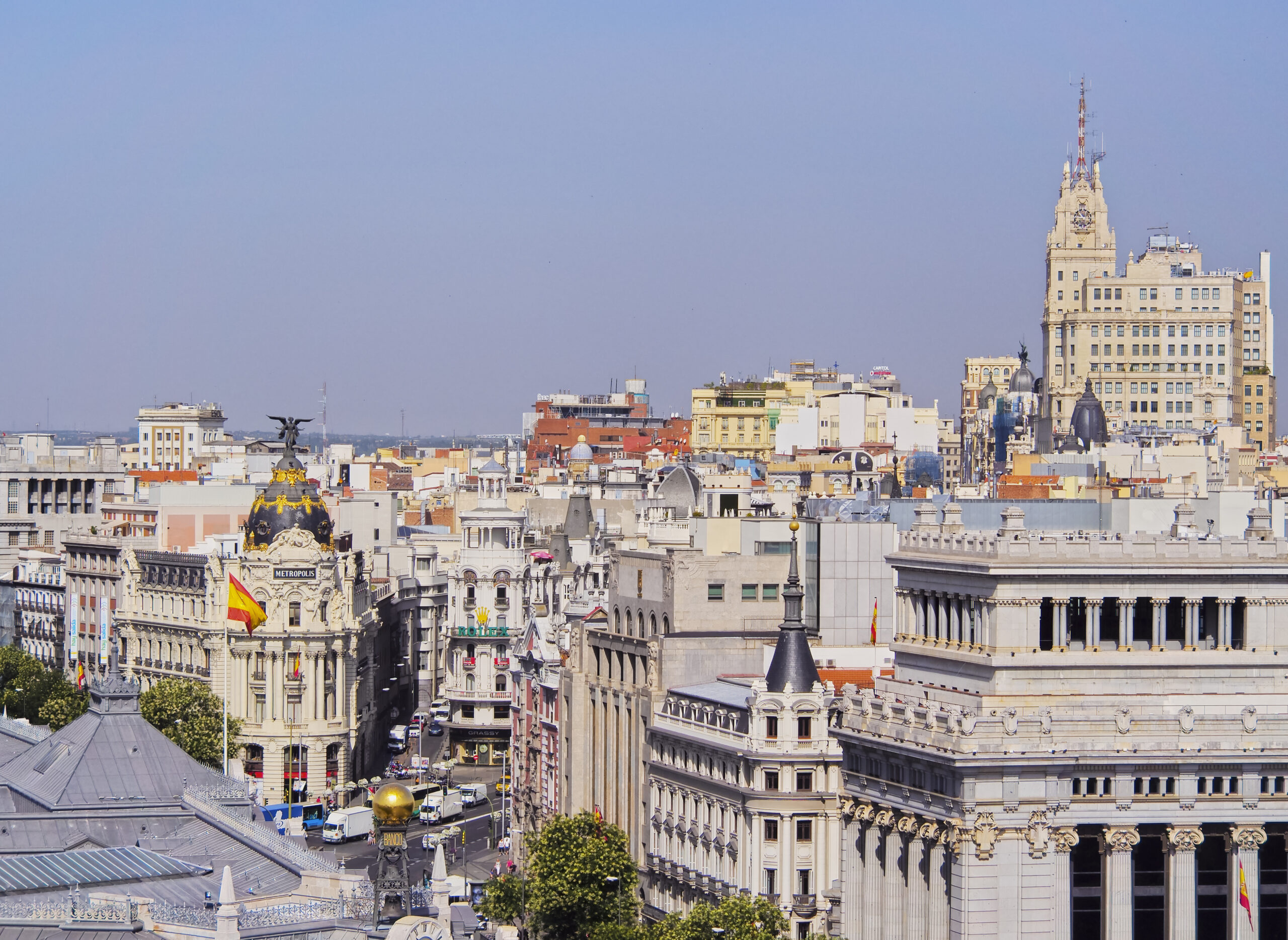 Spain, Madrid, View from the Cybele Palace towards the Alcala Street and the Metropolis Building.